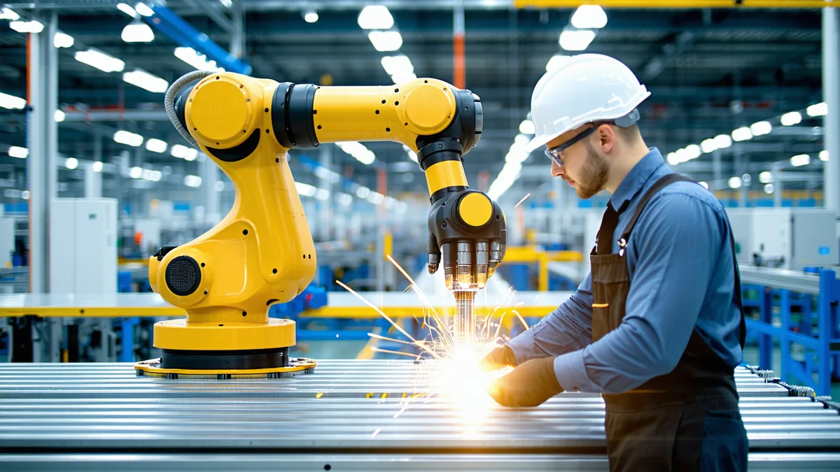 Industrial worker and collaborative robot arm working side-by-side at a shared workstation