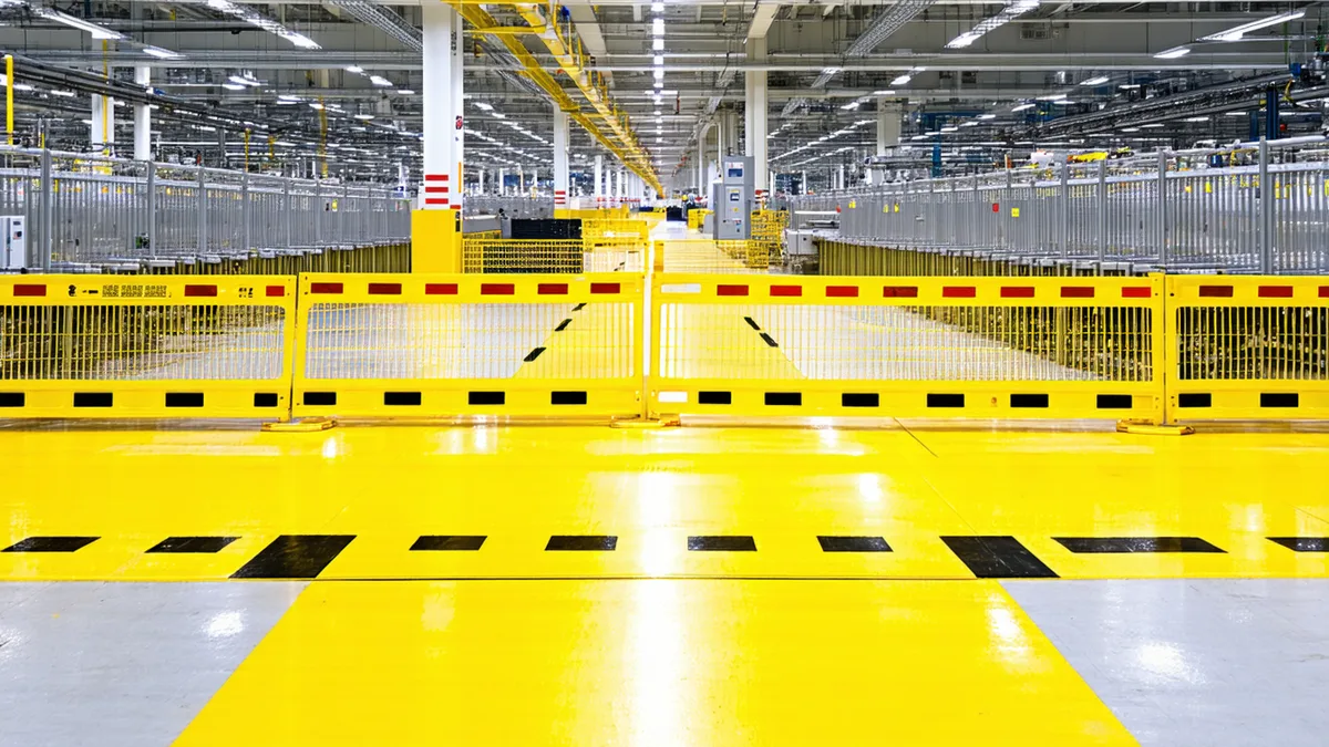 Yellow safety barriers and floor markings around a manufacturing work cell in a factory