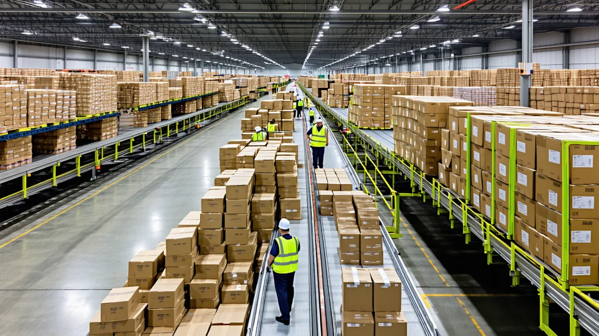 Busy logistics yard with workers sorting packages at a truck dock in a Japanese distribution centre