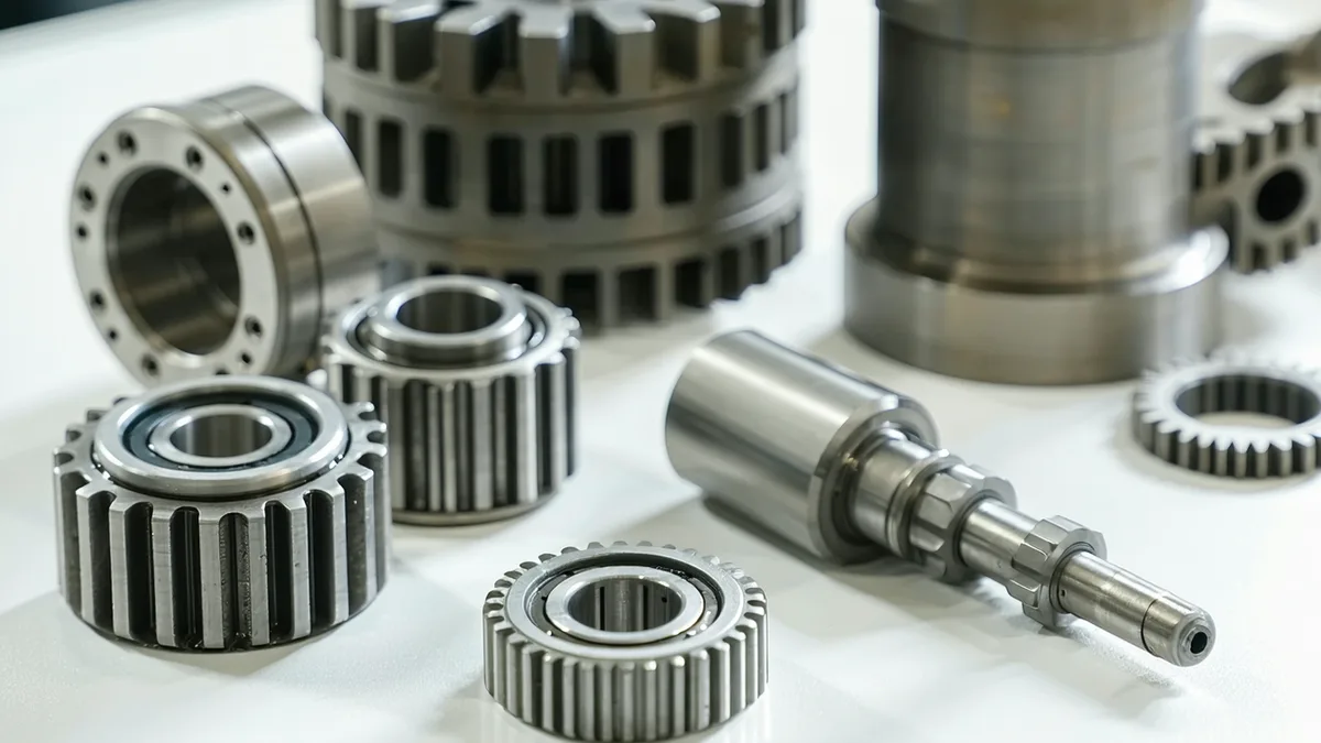 Detailed view of precision mechanical actuator components and servo motor assembly on a workbench