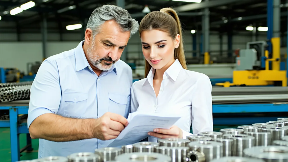 Factory supervisor demonstrating a manual assembly task to a colleague at an assembly station