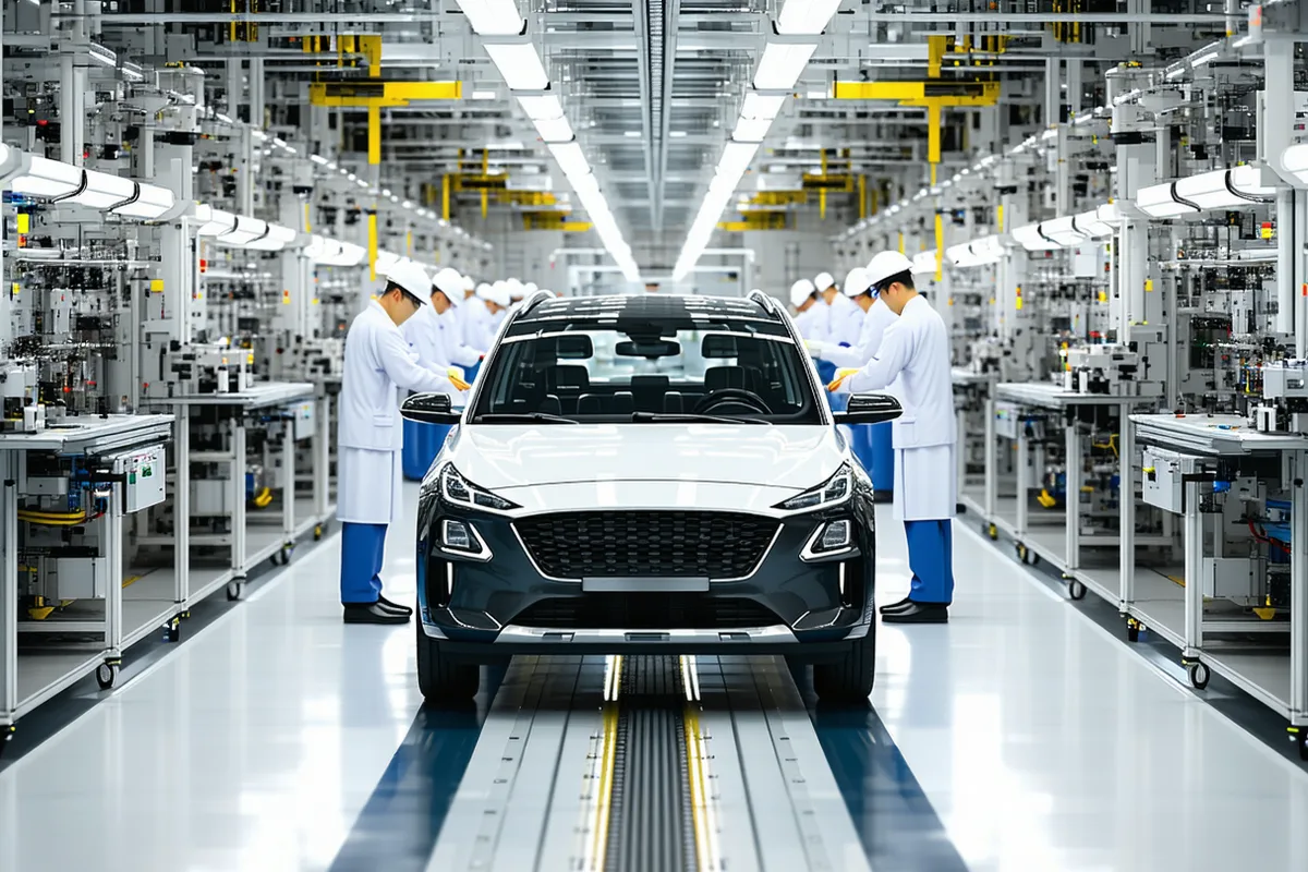Factory assembly line interior with workers performing precise subassembly tasks at a Japanese automotive parts plant