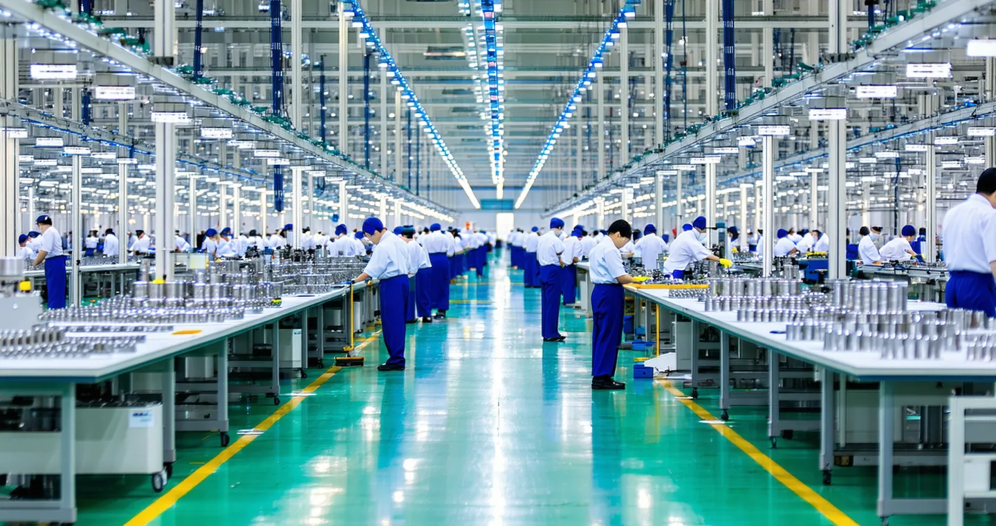 Wide-angle view of a Japanese factory floor with assembly stations and workers performing component fitting tasks