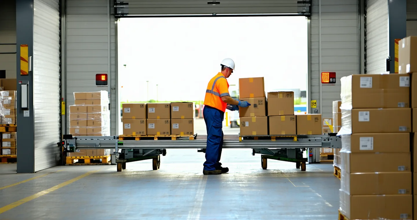 Logistics yard loading dock with workers transferring cartons between pallets and conveyor belt in a Japanese distribution facility