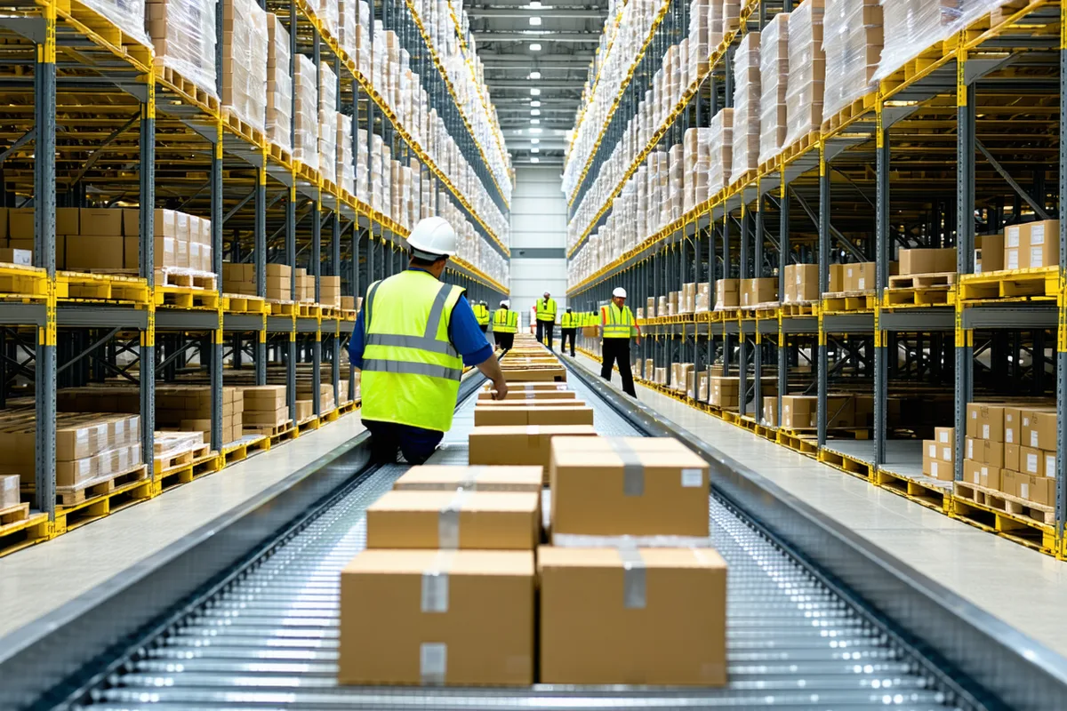 Logistics warehouse interior with pallet racks, conveyor belts, and workers sorting packages at a Japanese distribution centre